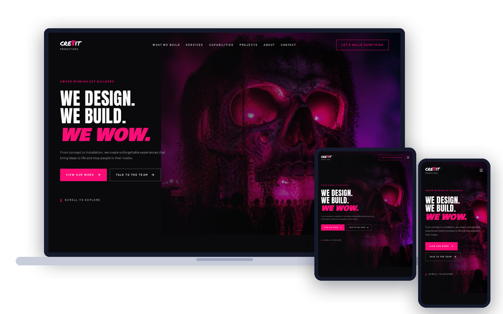 Cre8it Productions website shown on a laptop, tablet and mobile