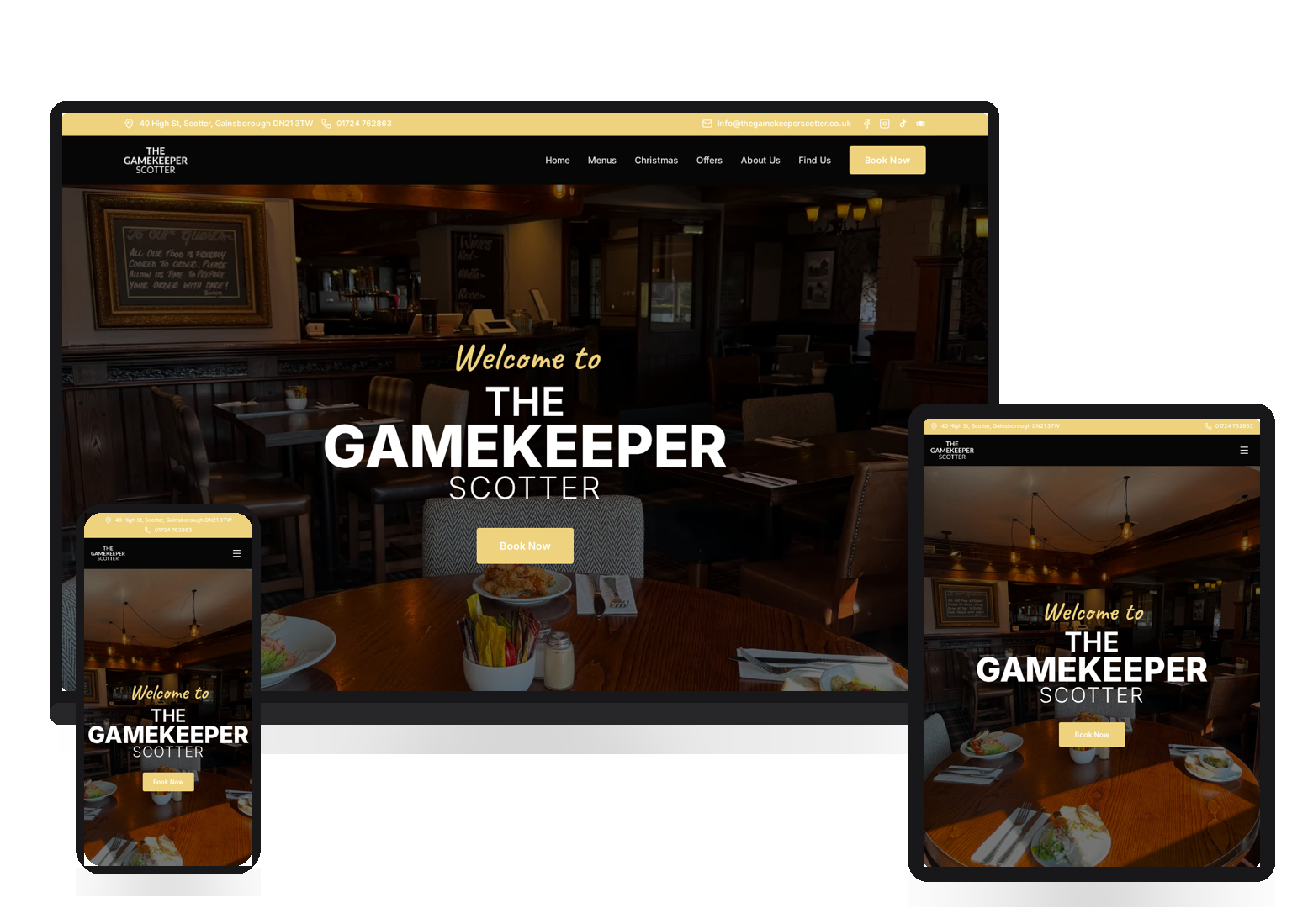 The Gamekeeper Scotter website shown on a laptop, tablet and mobile